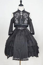 Dark Boat Neck Dragon Print Chinese Style High Waisted Multi-Layer Ruffled Gothic Lolita Jsk Dress